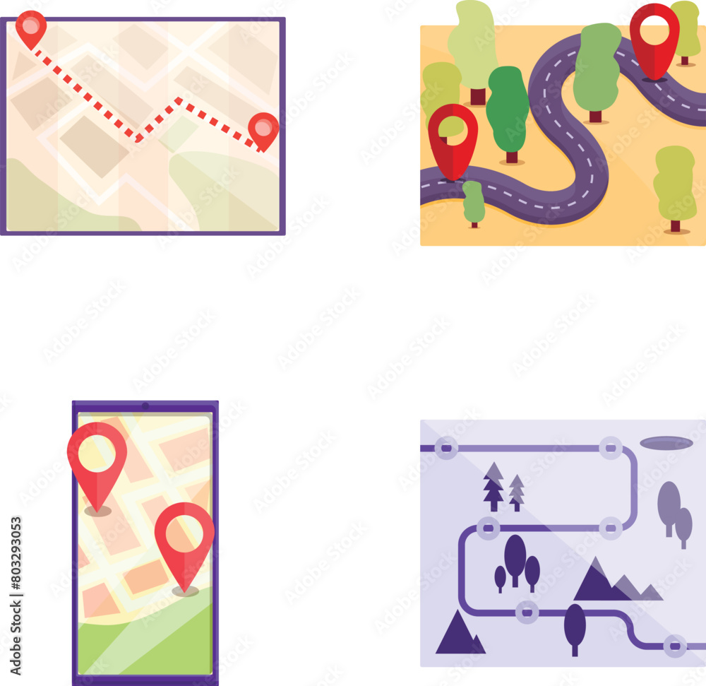 Aufkleber gps navigation icons set cartoon vector. various navigation map on device screen. mobile gps service