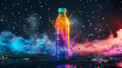Fototapeta na wymiar Colorful energy fruit drink in neon splashes and clouds