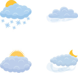 Cloud icons set cartoon vector. Gray cloud covers sun and moon. Meteorology, weather condition