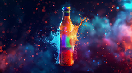 A neon bottle of drink with color splashes around it