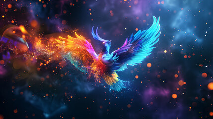 A neon colorful firebird in space background