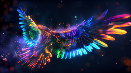Neon eagle in colorful, dream neon splashes