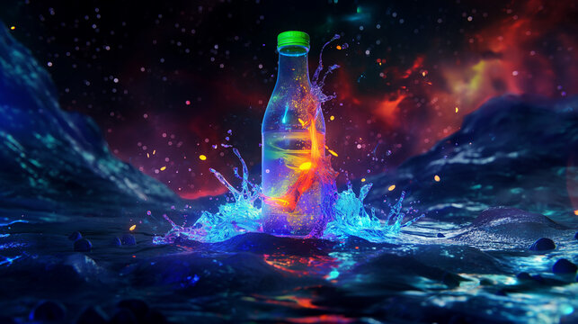 Neon bottle of drink in colorful blue and purple water splashes