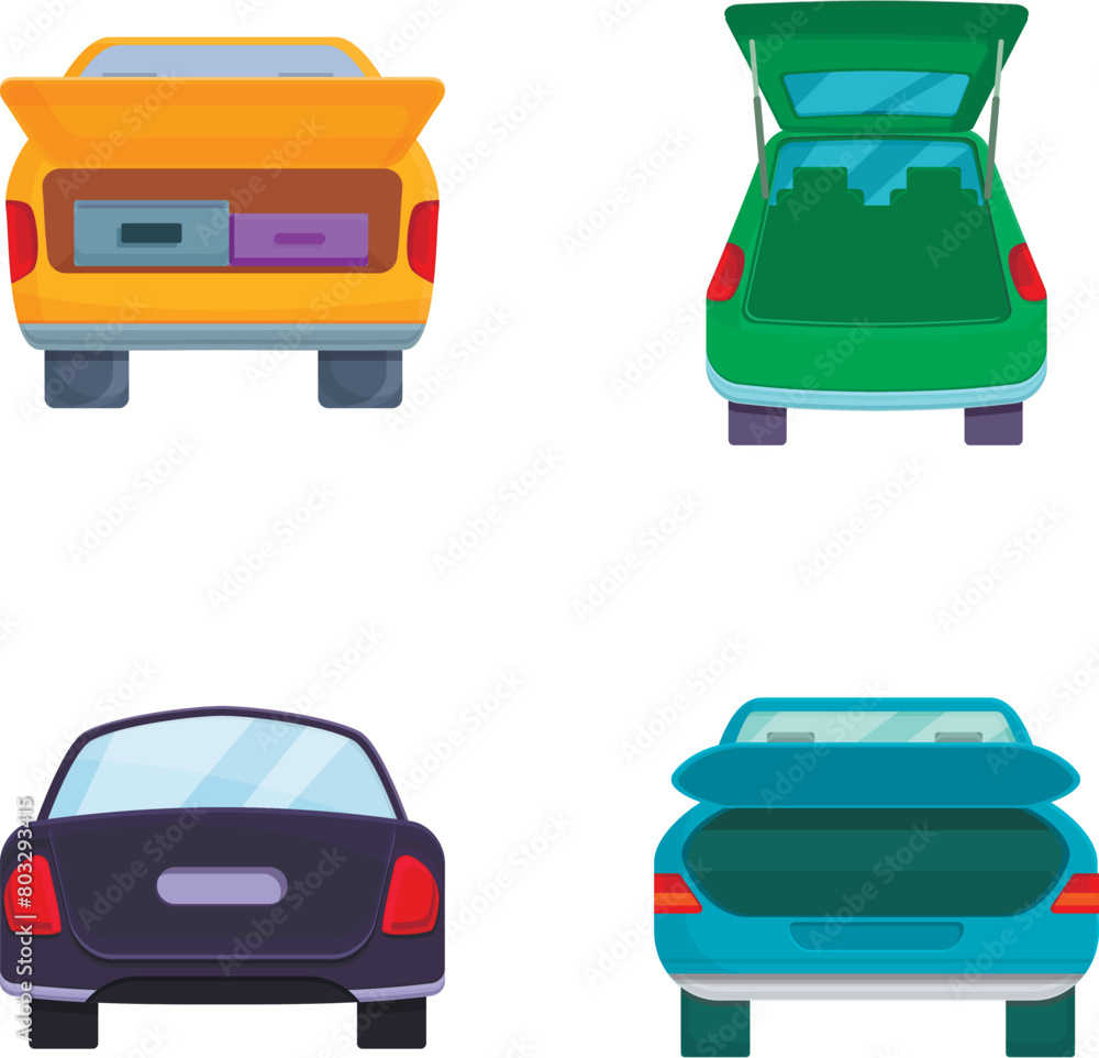 Poster car trunk icons set cartoon vector. minivan with open trunk. back view