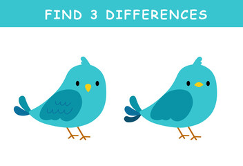 Find 3 differences in illustration. Educational activity with cute bird illustration. Spot difference. Educational fun game for children.