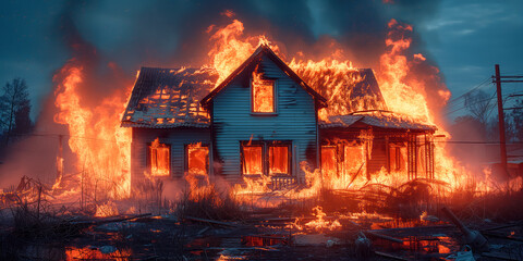 View of a house on fire in the night. Building is burning.