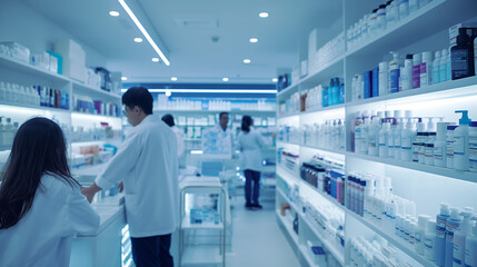 Several pharmacists are busy at work in a well-lit pharmacy with shelves stocked with various medical supplies and drugs - Powered by Adobe