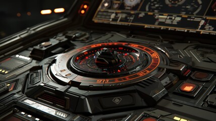 Detailed close-up of a sleek and modern futuristic object with intricate designs and glowing lights