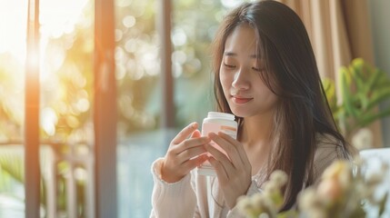 Dietary supplement or sick, asian young woman, girl hold pills, drugs medical tablet on hand pouring capsules from medication bottle, take vitamin for treatment for skin