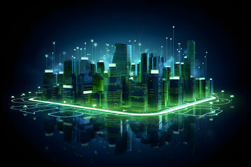 Smart City Infrastructure with Green and Blue Buildings and Transportation and Smart Grid Showing Smart City Technologies on Dark Background
