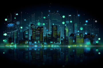 Smart City Infrastructure with Green and Blue Buildings and Transportation and Smart Grid Showing Smart City Technologies on Dark Background