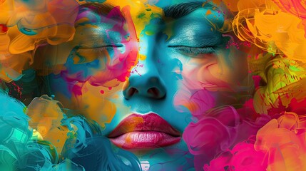 vibrant colors creating an array of digital prints, adult human faces expressing positivity and optimism, infused with subtle elements of fantasy AI generated