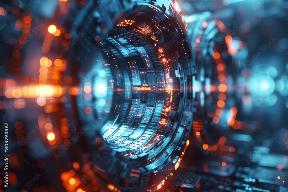 Poster this visually striking image presents an inside view of a futuristic tunnel with glowing lights, rep