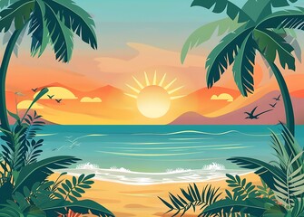 Fototapeta na wymiar Summer beach landscape with sun, palm trees and sea flat vector illustration background