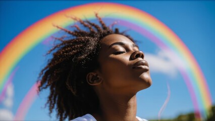 Girl of African appearance on a background with a rainbow.