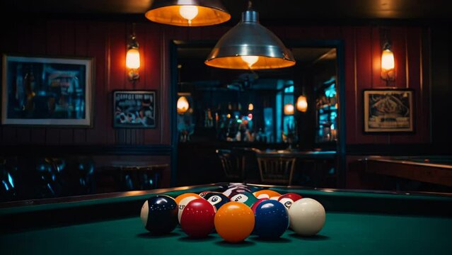 A pool table with a group of nine balls on it