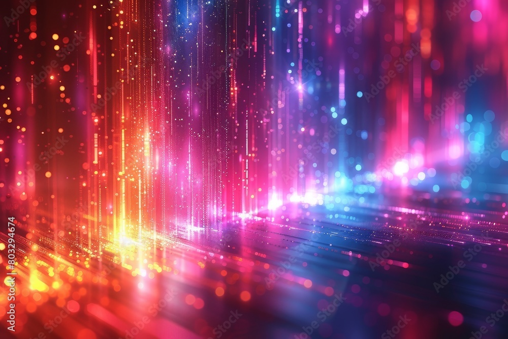 Poster striking abstract image showing vertical light particles mimicking a neon lightscape on a digital ba