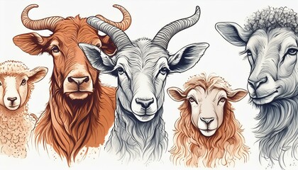 Animals meet types ink illustrations set, hand drawn illustrations of cow, sheep, goat and Domestic farm animals isolated on white background, vector illustrations