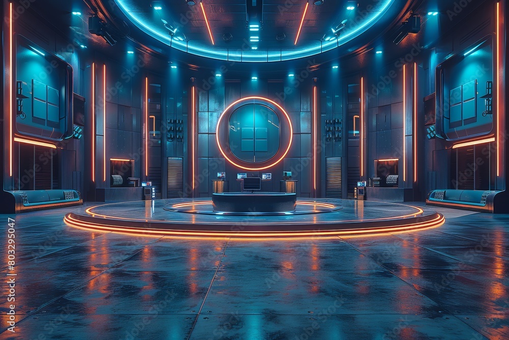 Poster a high-tech control room with futuristic circular consoles and ambient blue illumination, resonating