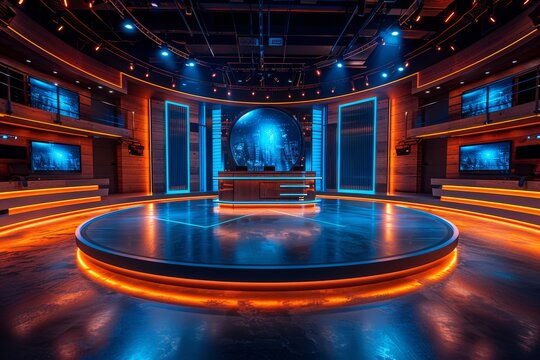 A contemporary news studio set with glowing orange elements and a large digital globe as the focal point