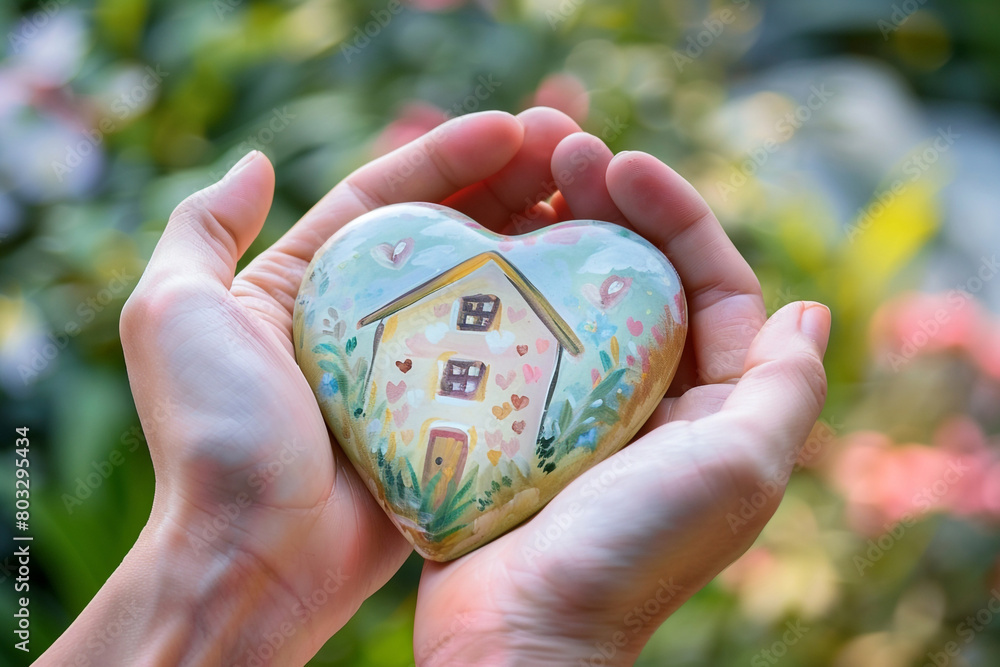 Wall mural hands gently holding a heart-shaped miniature house, painted in soft pastels, symbolizing love and w