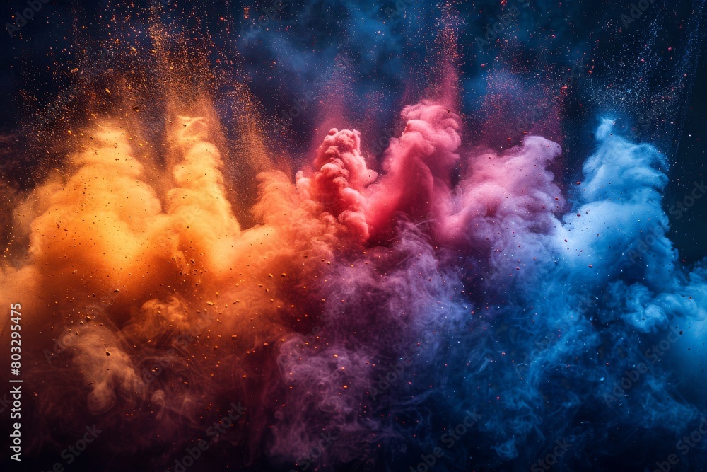 Poster intense colors intermingle in a striking display of smoke and dust, creating an abstract artwork ful