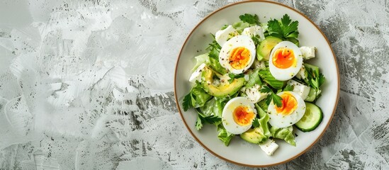 Avocado and egg salad on a light stone background with empty space for text. View from above.