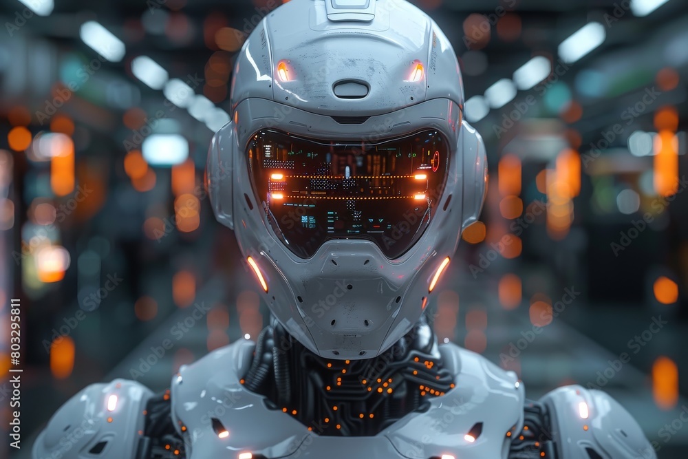 Poster high-resolution image capturing the intricate design and high-tech features of a humanoid robot's fa