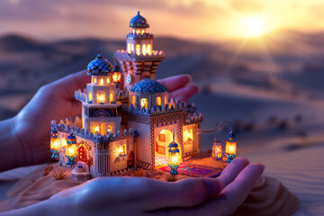 Hands gently presenting a tiny, detailed Arabian nights palace with a magic carpet and lanterns,...