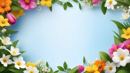 Background with floral frame featuring spring flowers. Free space for words