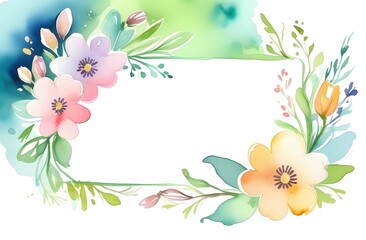 Background with floral frame featuring spring flowers. Free space for words. Made in watercolor style