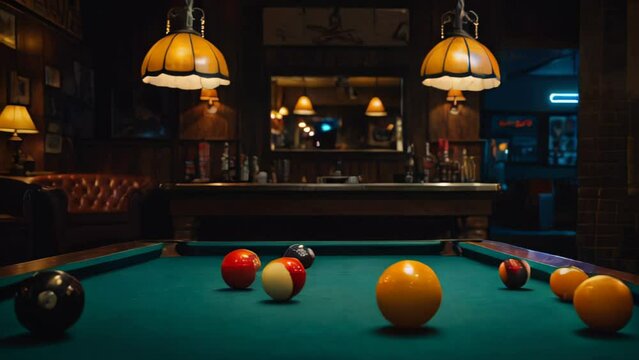 A pool table with some balls on it in a biker bar.