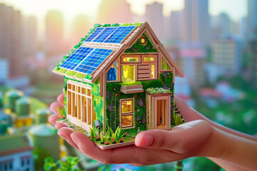 Hands holding a futuristic miniature house model with solar panels and green walls, set against a backdrop of a blurred, utopian skyline.