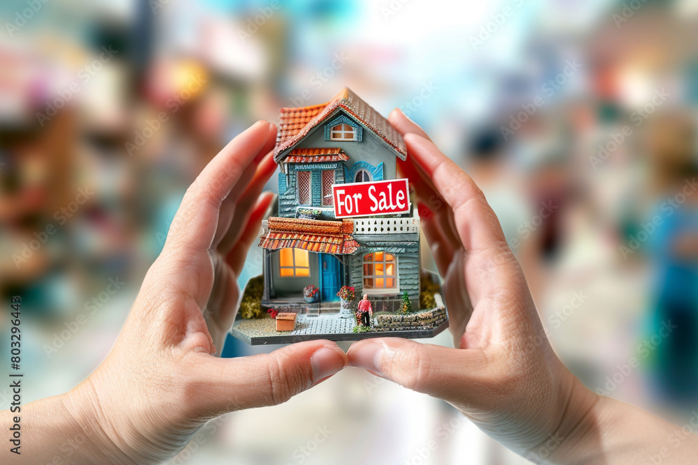 Sticker hands holding a miniature house model with a 