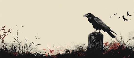 crow standing on top of building dark - obrazy, fototapety, plakaty