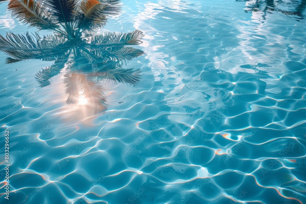 Poster a serene and clear blue water surface reflecting a single palm tree with the sun peaking through, cr