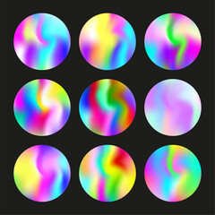 Hologram abstract backgrounds set. Holographic gradient. Multicolor hologram backdrop. Minimalistic 90s, 80s retro style graphic template for placard, presentation, banner, brochure.