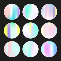 Gradient round set with holographic mesh. Abstract hologram. Futuristic gradient round set. Minimalistic 90s, 80s retro style graphic template for book, annual, mobile interface, web app.