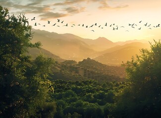 Sunrise over the mountains, birds flying in formation above an orchard with green trees and hills, symbolizing hope for each day