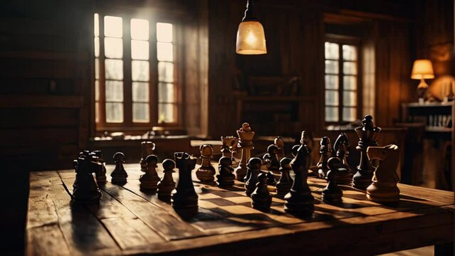 A wooden table with a chess board on it