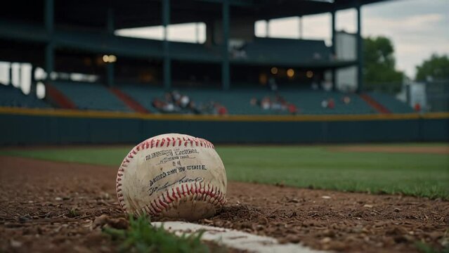 A baseball is sitting on the dirt next to a line