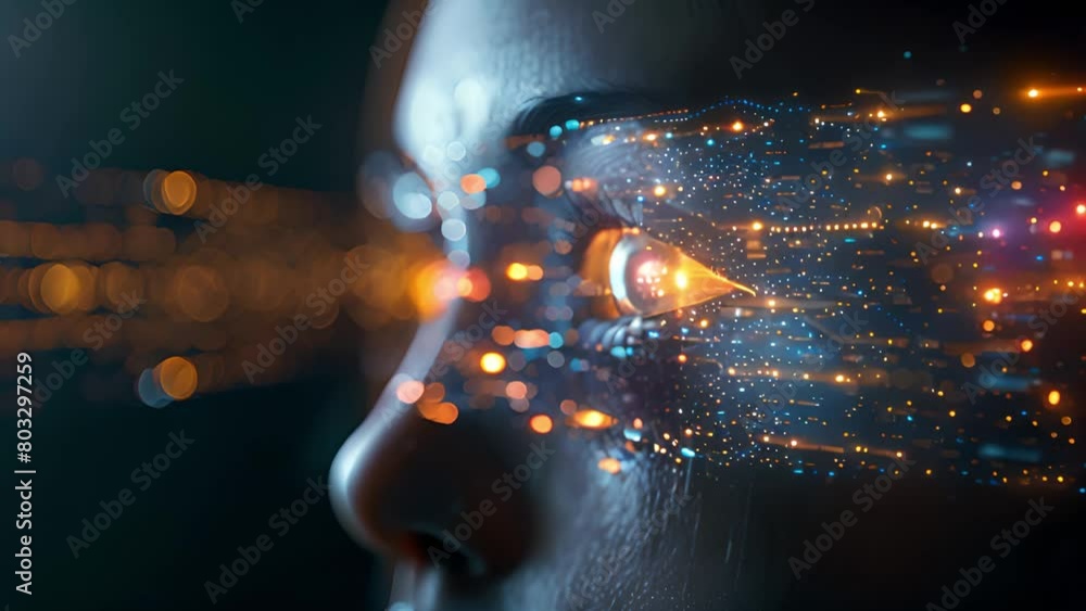 Poster Close-up view of a face overlaid with digital data, representing technology integration.