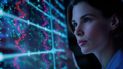 An individual stands immersed in analysis of a complex, colorful graphical data interface representing advanced technology or data analytics