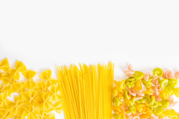 Collection of italian pasta isolated on white background.