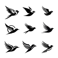 Bird silhouettes set collection for icon logo, 9 Bird Clipart images, Bird Logo, AI generative