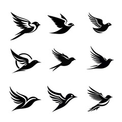 Obraz premium Bird silhouettes set collection for icon logo, 9 Bird Clipart images, Bird Logo, AI generative