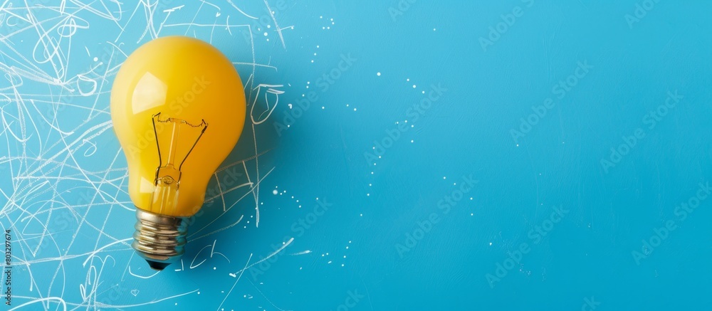 Poster a yellow light bulb floating on the right side of an empty blue background with white doodles, repre
