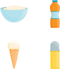 Milk product icons set cartoon vector. Cottage cheese, ice cream, whipped cream. Farm organic food