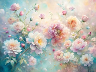 Dreamy, ethereal scene of soft pastel flowers, perfect for backgrounds in bridal or fashion design, or as decorative wall art