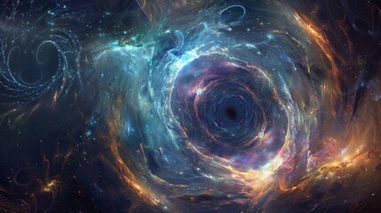 Surreal interstellar scene depicting a vibrant cosmic swirl with vibrant colors and spiraling black hole